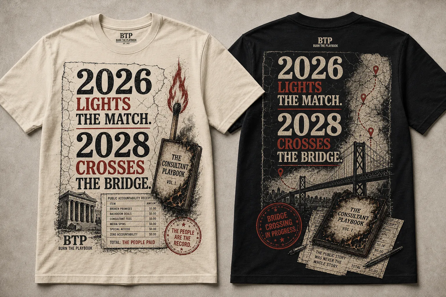 Election-year Burn the Playbook tee with 2026 and 2028 design