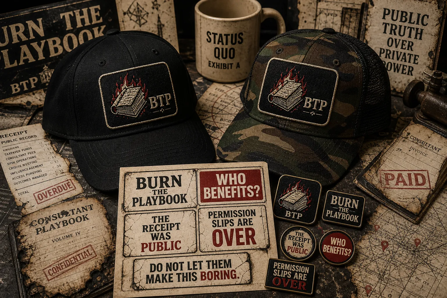 Burn the Playbook black and camo hats with embroidered burned playbook patch