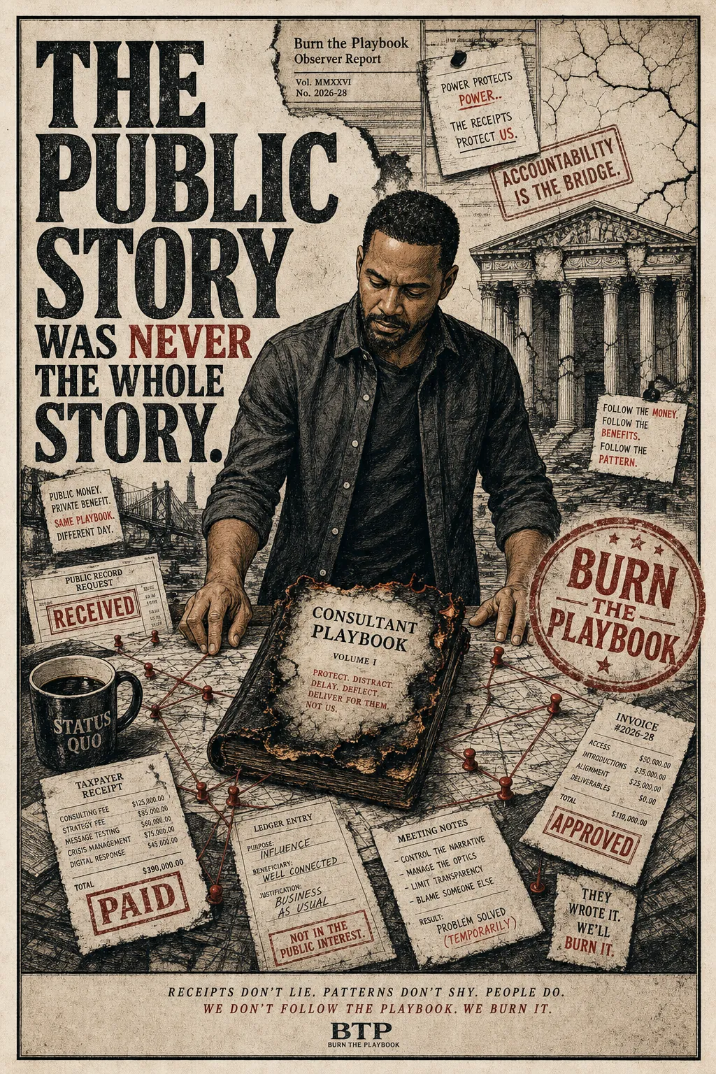 Burn the Playbook accountability poster with Michael at the receipt table